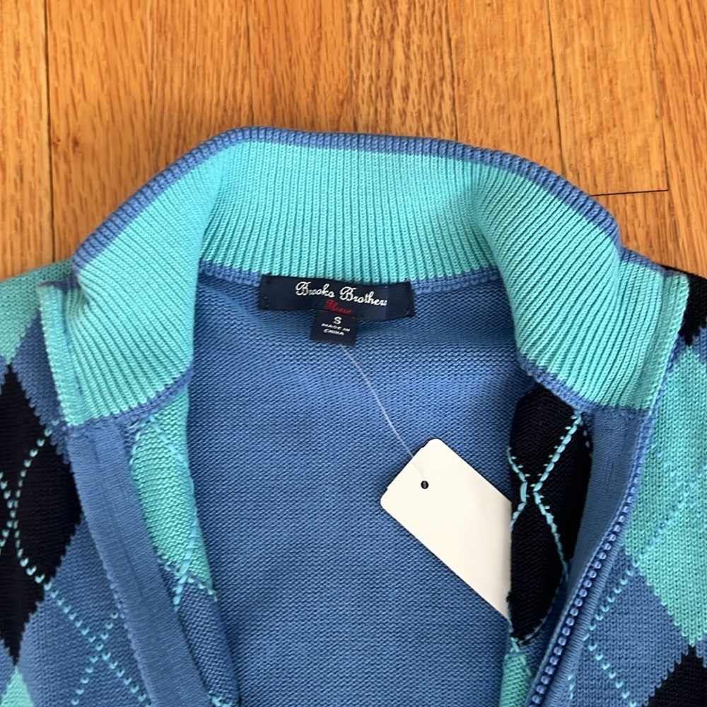 Brooks Brothers Blue Argyle Zip-Up Sweater 100% Cotton - Picture 3 of 3